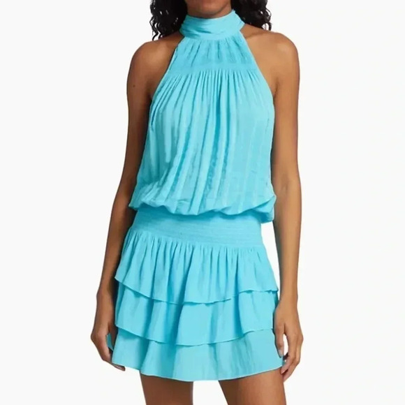 Ramy Brook Hudson Dress Size Small Tropical Blue Halter Tie Top Tiered Ruffle - Picture 1 of 12
